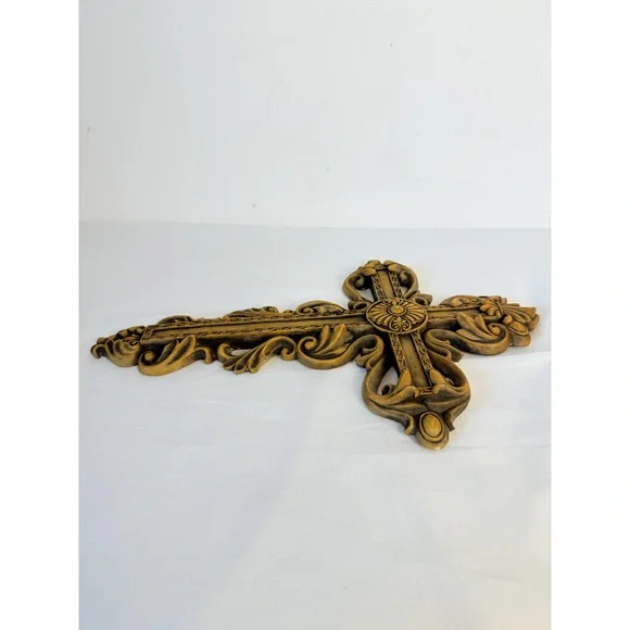 Ornate Gold Decorative Floral Fleur-de- lis Hanging Hook Baroque Wall Cross - Picture 8 of 13